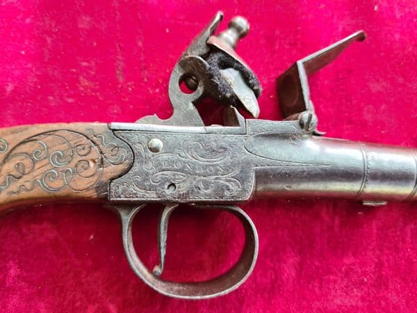 A scarce English Queen Anne Flintlock Boxlock pocket pistol by KING of LONDON. Circa 1775. Ref 3778.